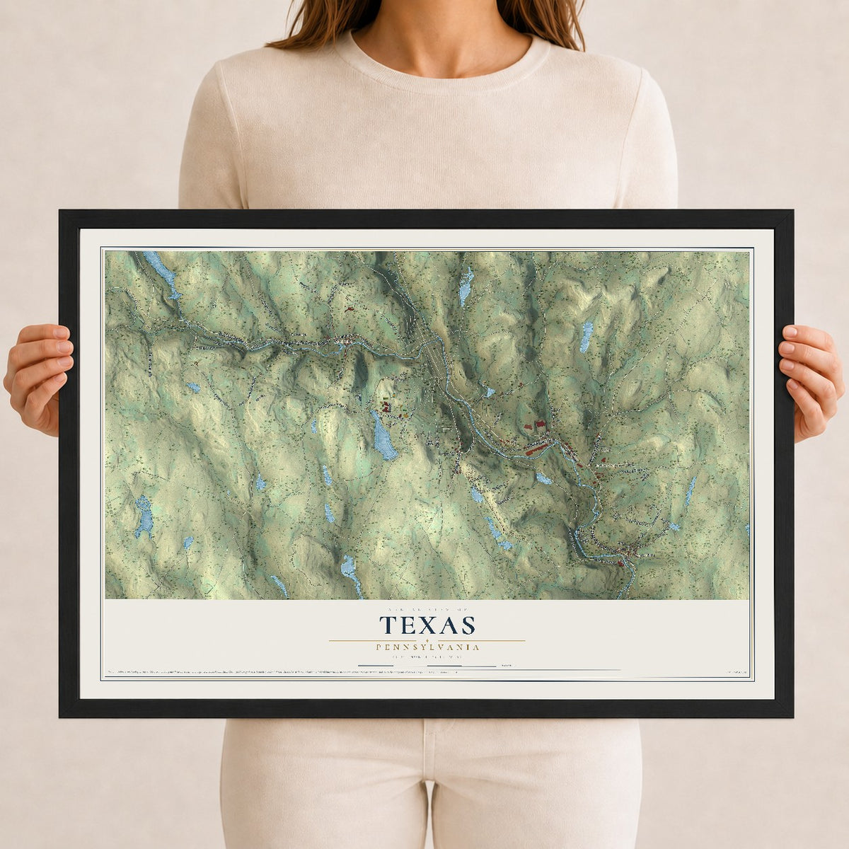 Map of Texas, Pennsylvania, 12 x 18 inch print in a black wood frame