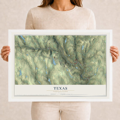 Map of Texas, Pennsylvania, 12 x 18 inch print in a white wood frame