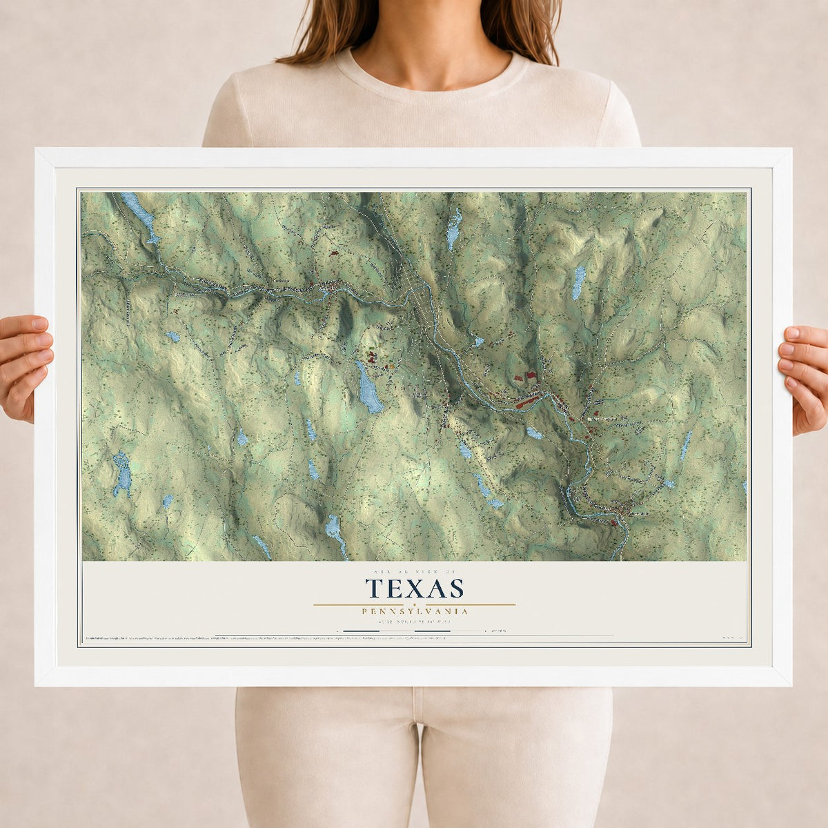 Map of Texas, Pennsylvania, 18 x 24 inch print in a white wood frame
