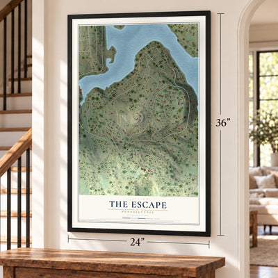 The Escape, Pennsylvania map, 24 x 36 inch print in a black frame by a staircase