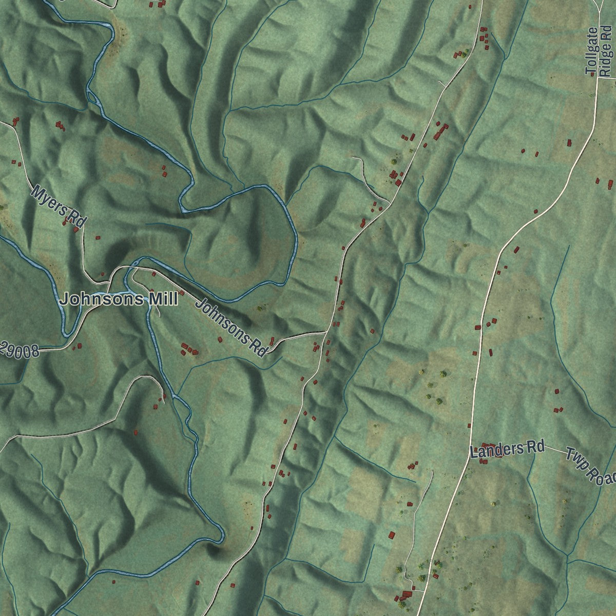 Second close-up of the map of Thompson, Fulton County, Pennsylvania print showing more streets and buildings