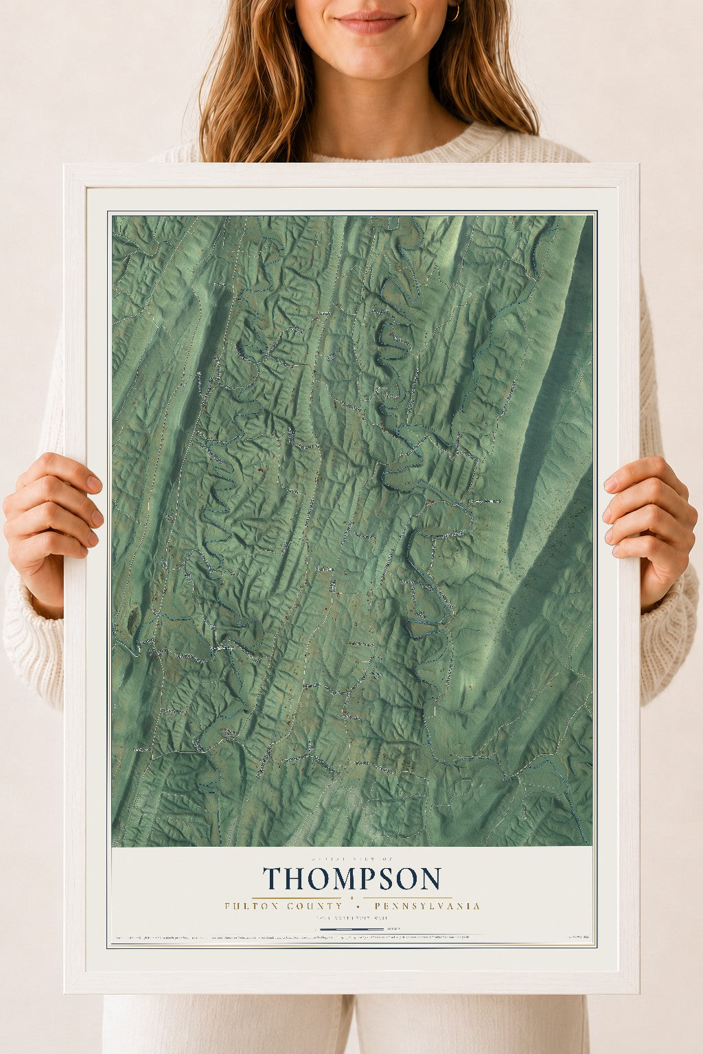 Map of Thompson, Fulton County, Pennsylvania, 18 x 24 inch print in a white wood frame