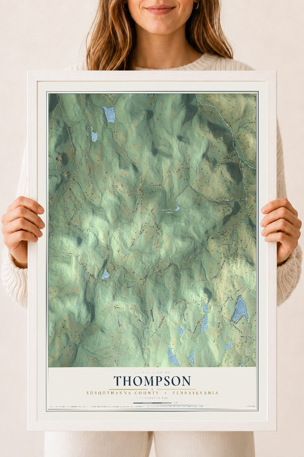Map of Thompson, Susquehanna County, Pennsylvania, 18 x 24 inch print in a white wood frame