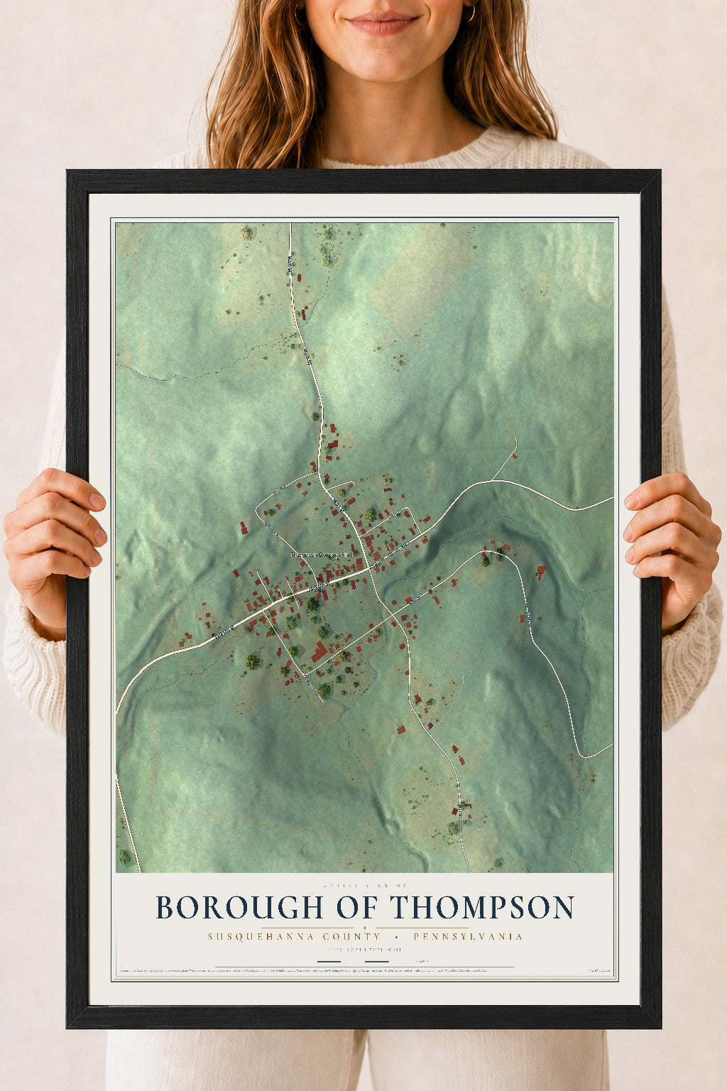 Map of the Borough of Thompson, Susquehanna County, Pennsylvania, 18 x 24 inch print in a black wood frame