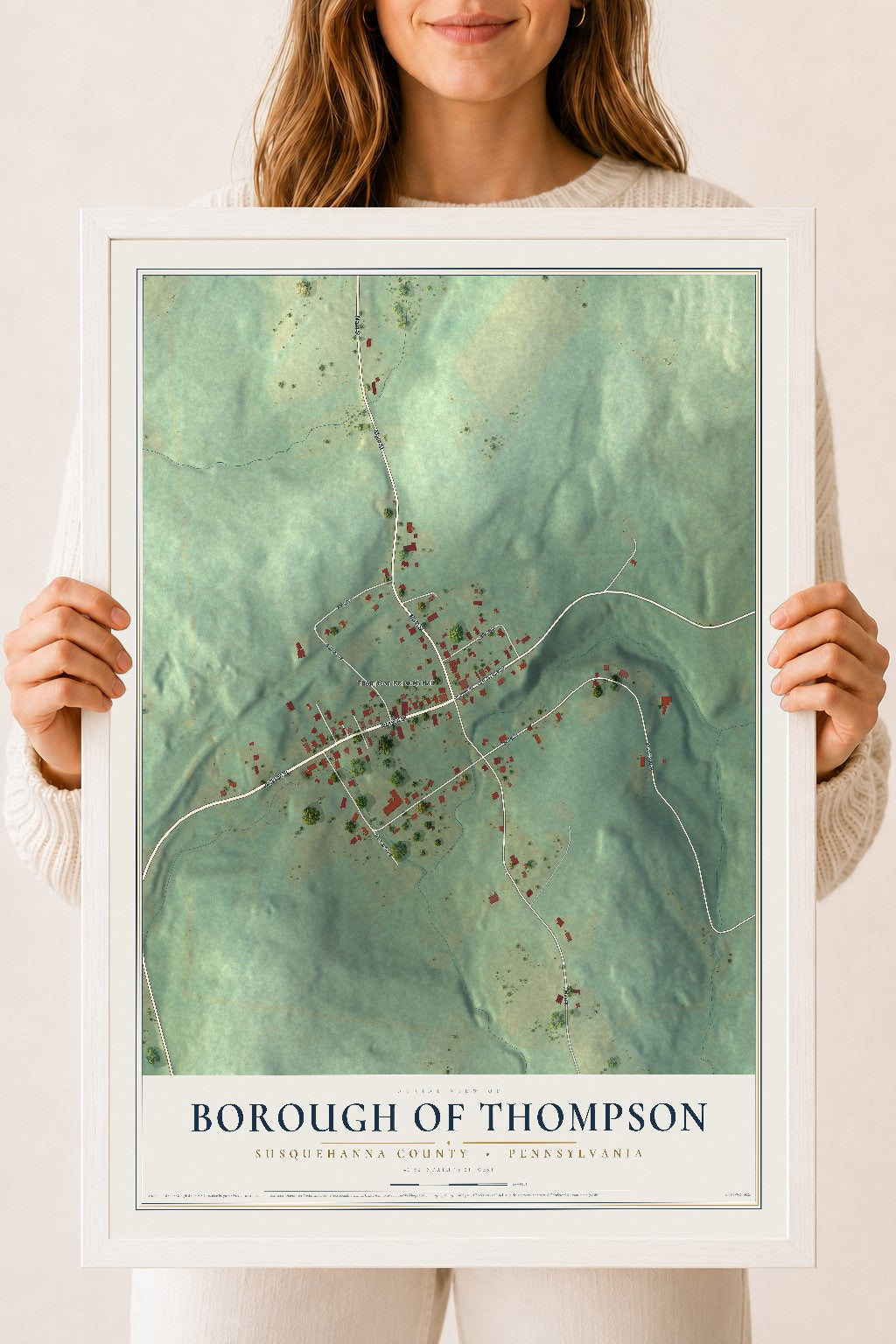 Map of the Borough of Thompson, Susquehanna County, Pennsylvania, 18 x 24 inch print in a white wood frame