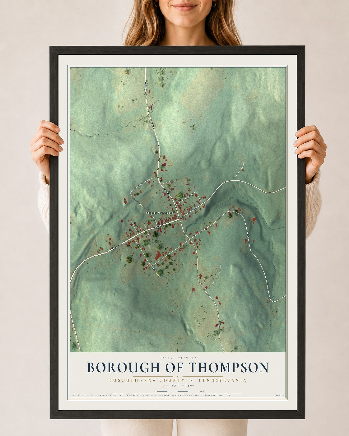 Map of the Borough of Thompson, Susquehanna County, Pennsylvania, 24 x 36 inch print in a black wood frame