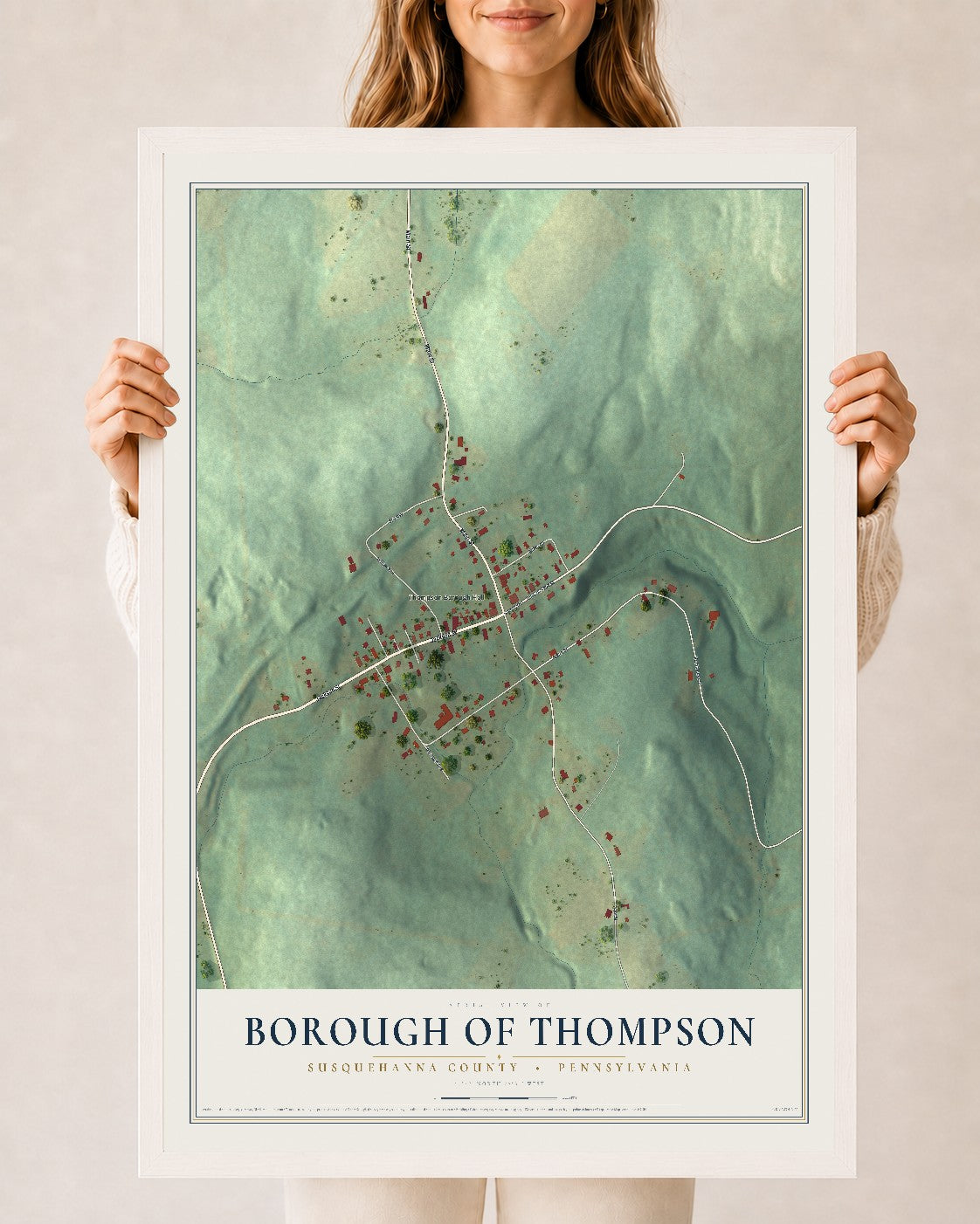 Map of the Borough of Thompson, Susquehanna County, Pennsylvania, 24 x 36 inch print in a white wood frame