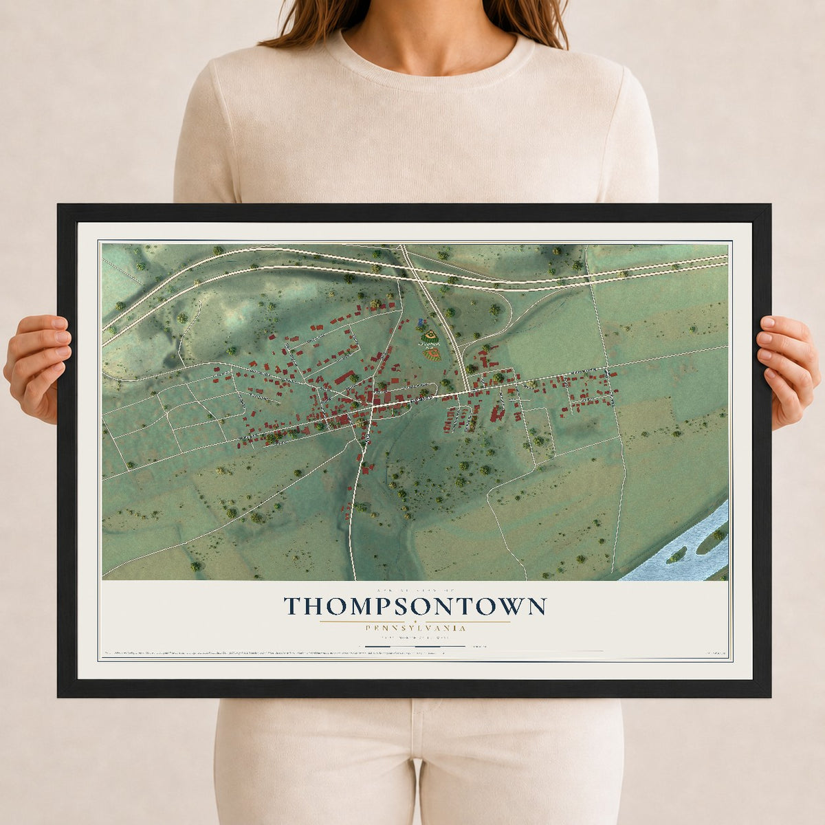 Map of Thompsontown, Pennsylvania, 12 x 18 inch print in a black wood frame