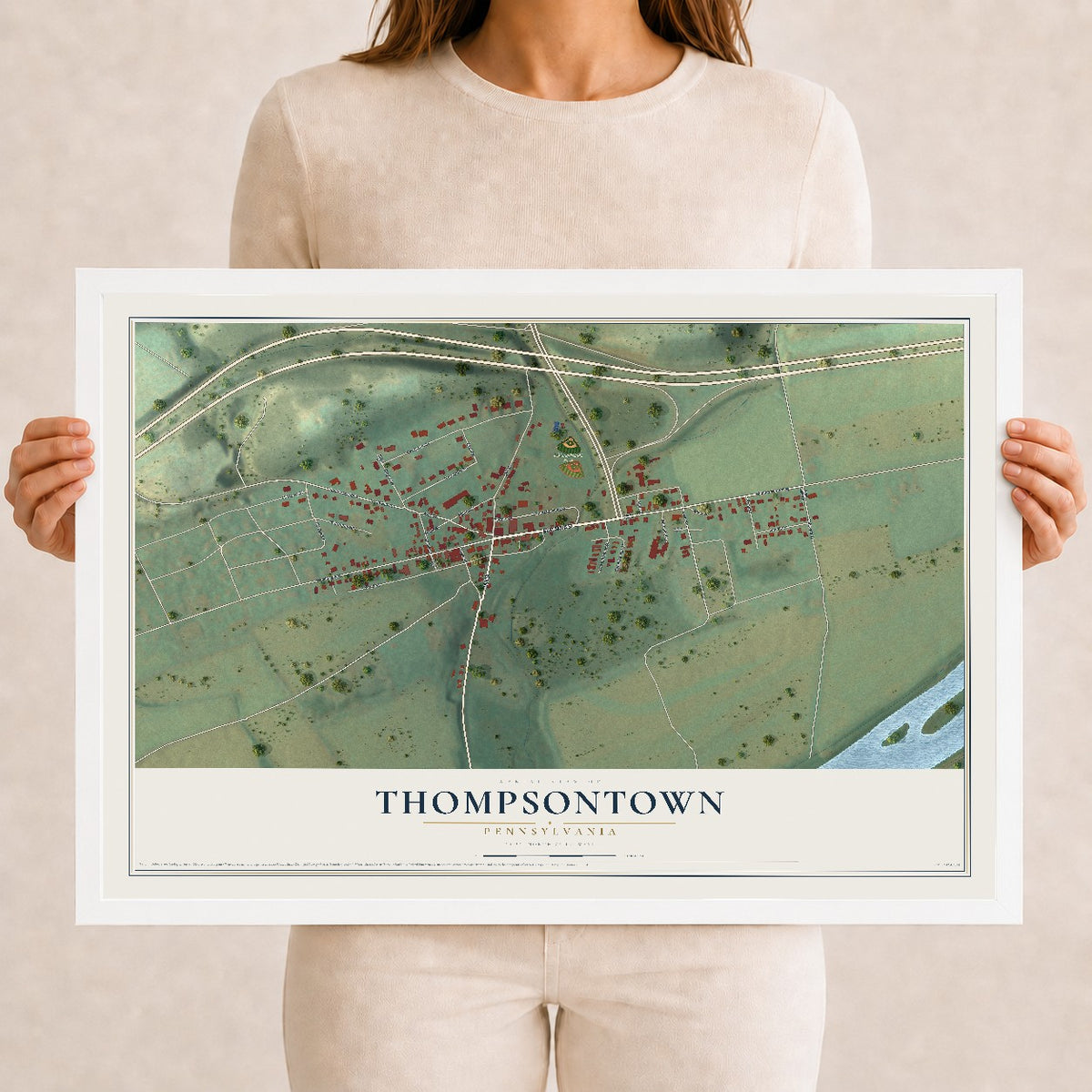 Map of Thompsontown, Pennsylvania, 12 x 18 inch print in a white wood frame