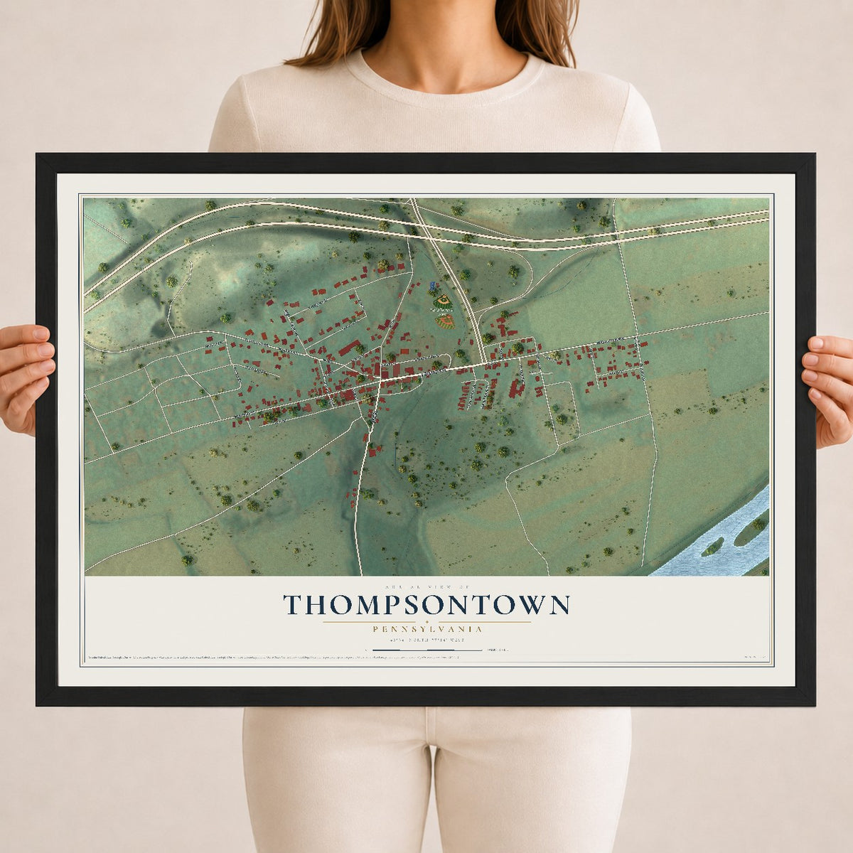 Map of Thompsontown, Pennsylvania, 18 x 24 inch print in a black wood frame