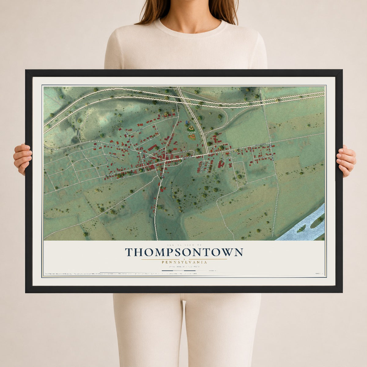 Map of Thompsontown, Pennsylvania, 24 x 36 inch print in a black wood frame