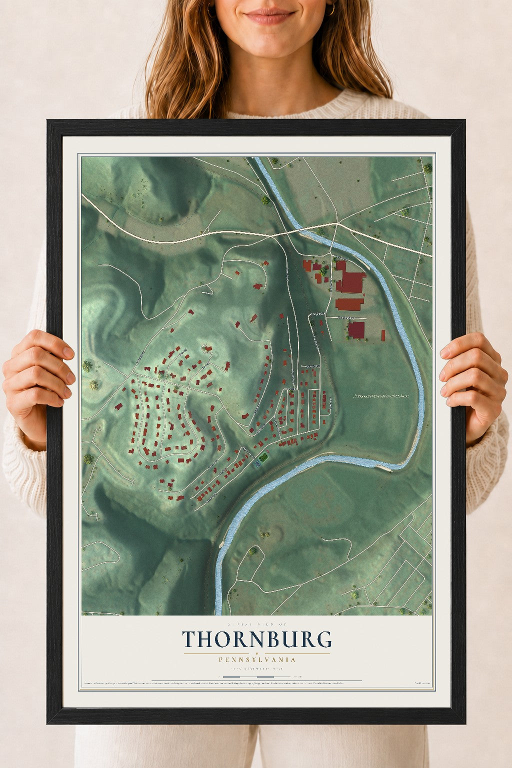 Map of Thornburg, Pennsylvania, 18 x 24 inch print in a black wood frame