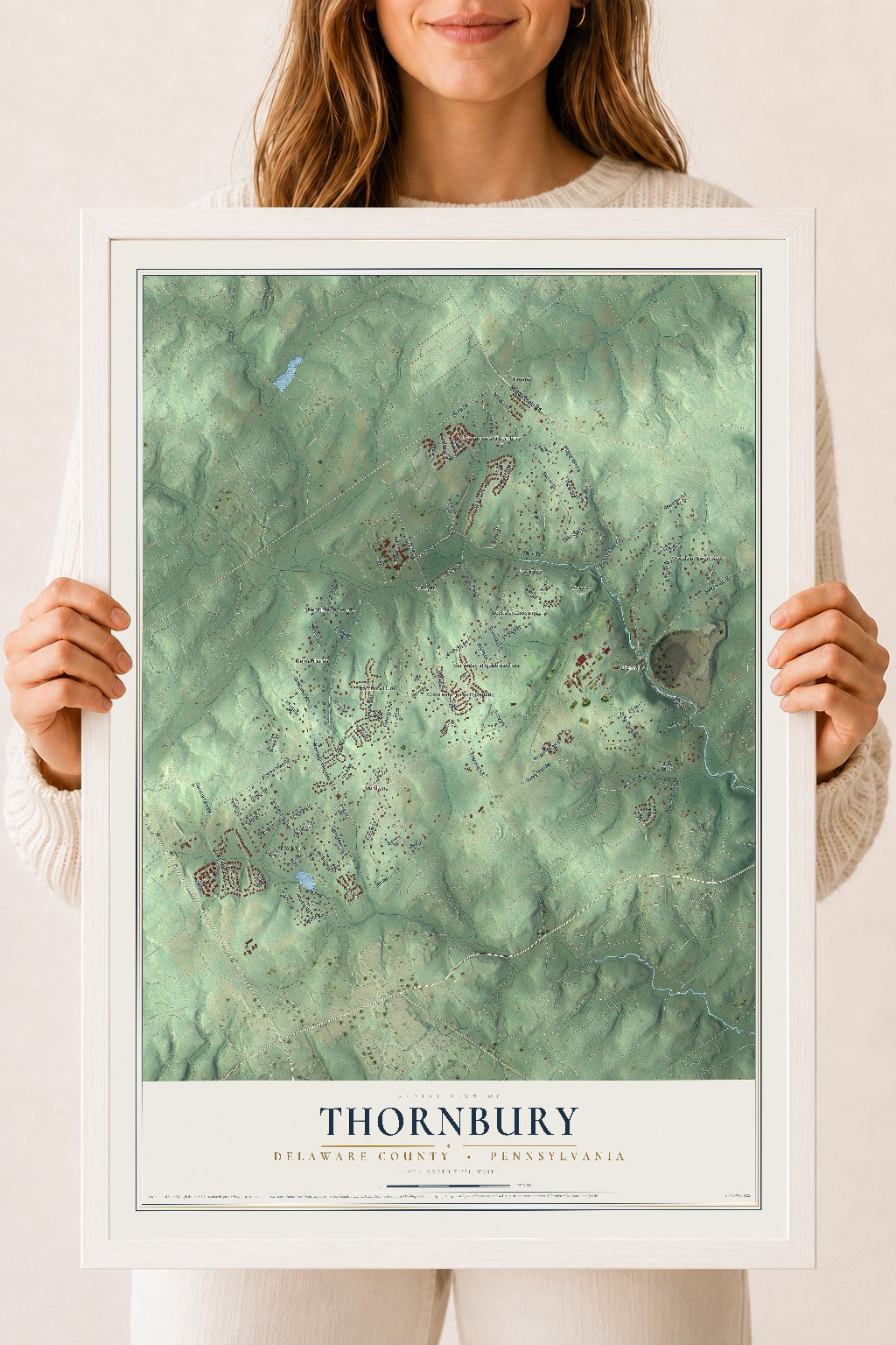 Map of Thornbury, Delaware County, Pennsylvania, 18 x 24 inch print in a white wood frame