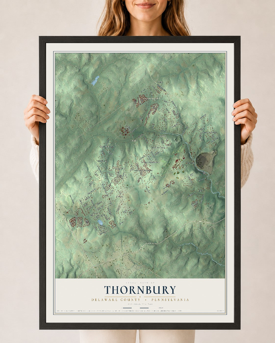 Map of Thornbury, Delaware County, Pennsylvania, 24 x 36 inch print in a black wood frame