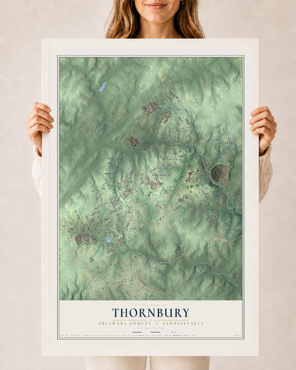 Map of Thornbury, Delaware County, Pennsylvania, 24 x 36 inch print in a white wood frame