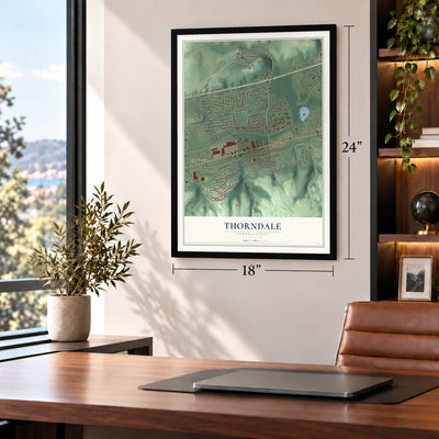 Thorndale, Pennsylvania map, 18 x 24 inch print in a black frame in a home office