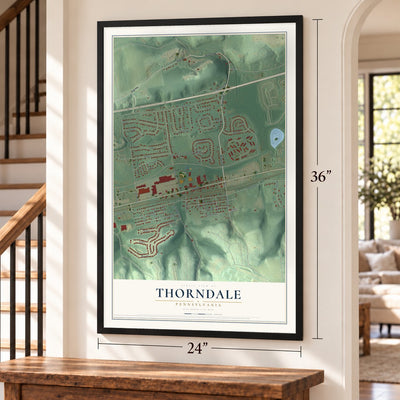 Thorndale, Pennsylvania map, 24 x 36 inch print in a black frame by a staircase