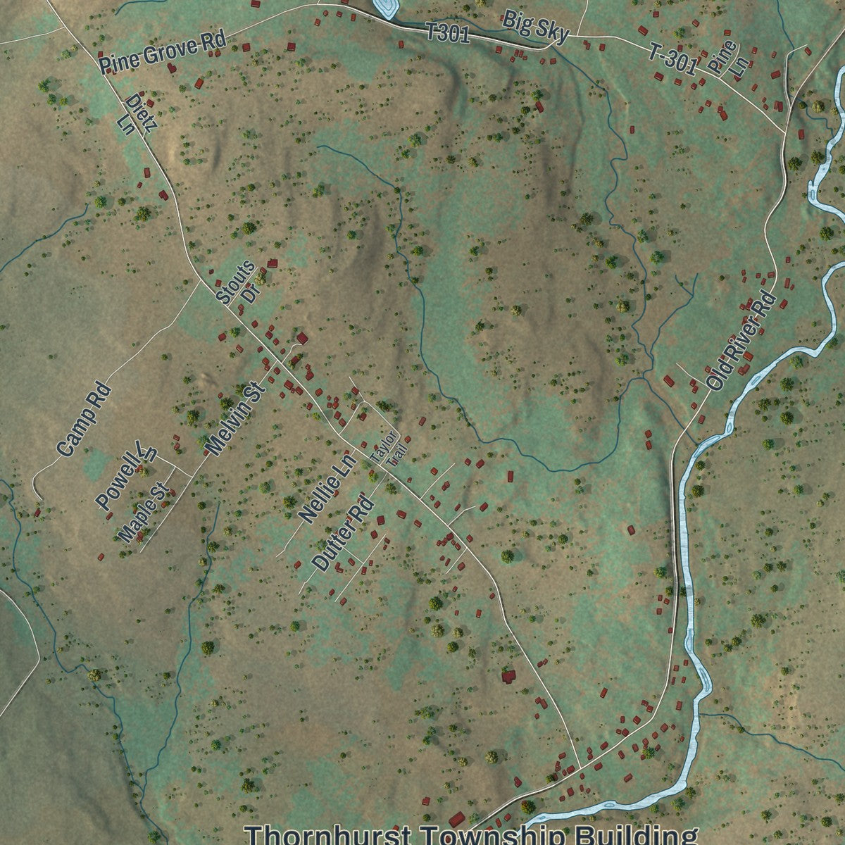 Close-up of the map of Thornhurst, Pennsylvania print showing street and building detail
