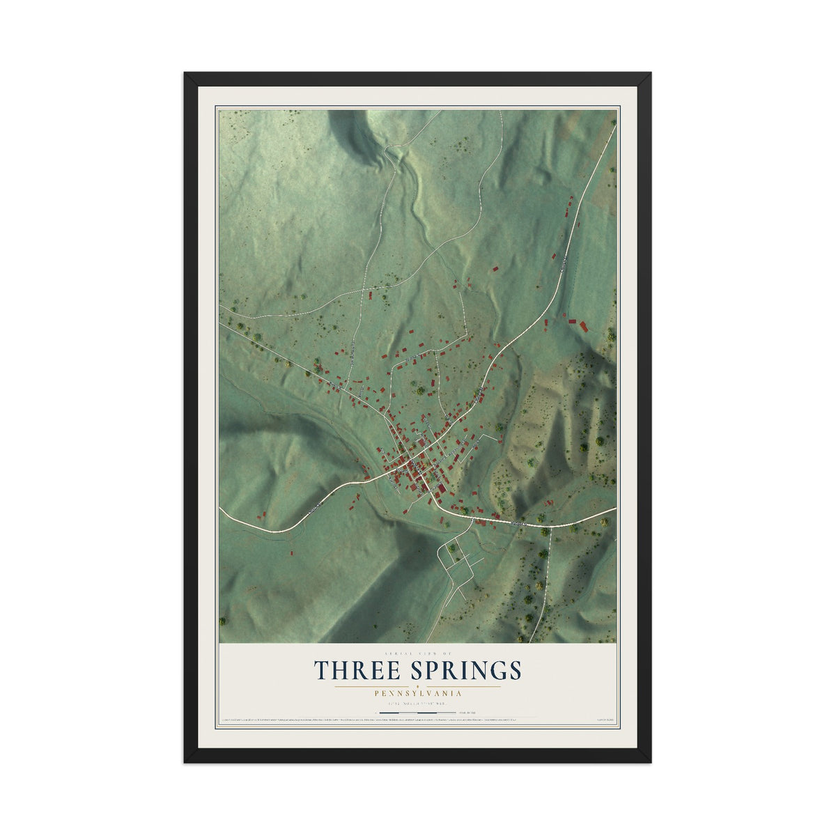 Map of Three Springs, Pennsylvania, 12 x 18 inch print in a black wood frame