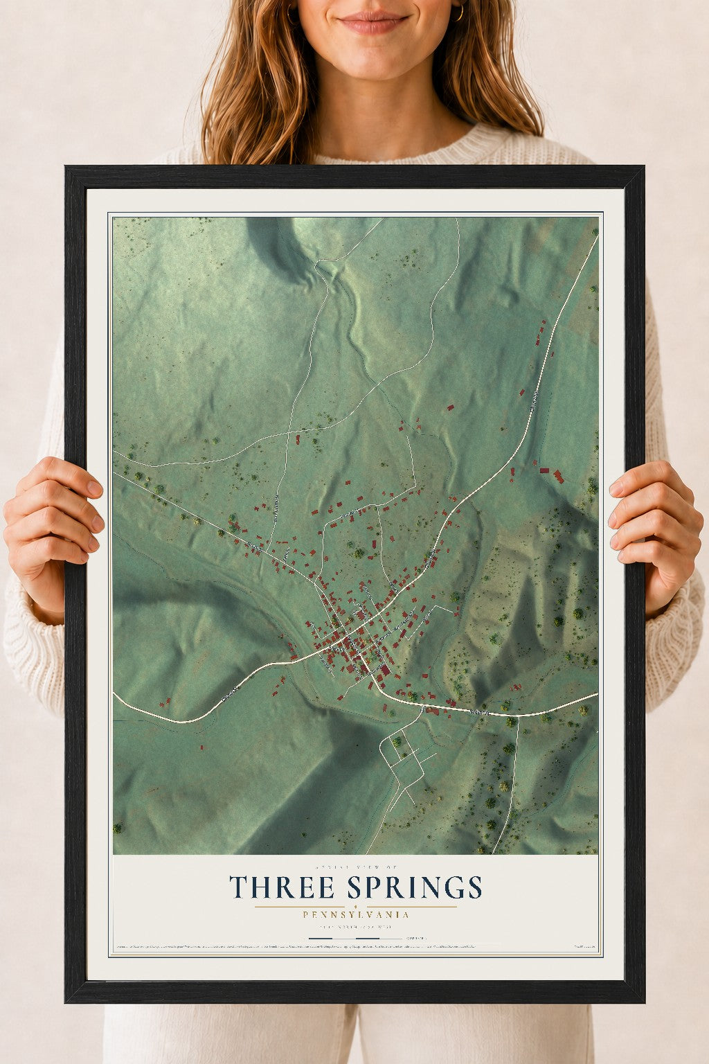 Map of Three Springs, Pennsylvania, 18 x 24 inch print in a black wood frame