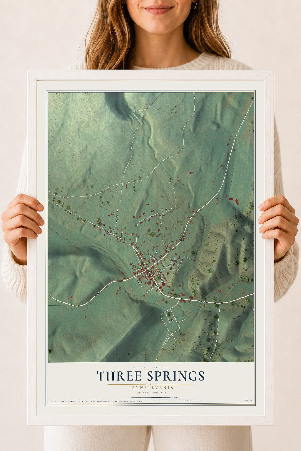 Map of Three Springs, Pennsylvania, 18 x 24 inch print in a white wood frame