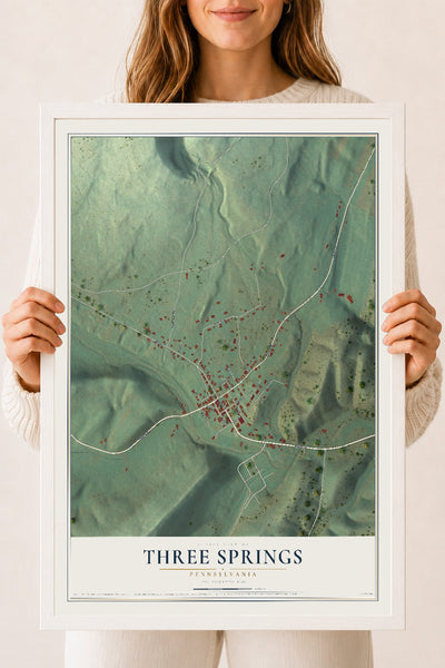 Map of Three Springs, Pennsylvania, 18 x 24 inch print in a white wood frame