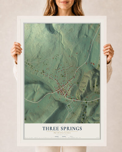Map of Three Springs, Pennsylvania, 24 x 36 inch print in a white wood frame