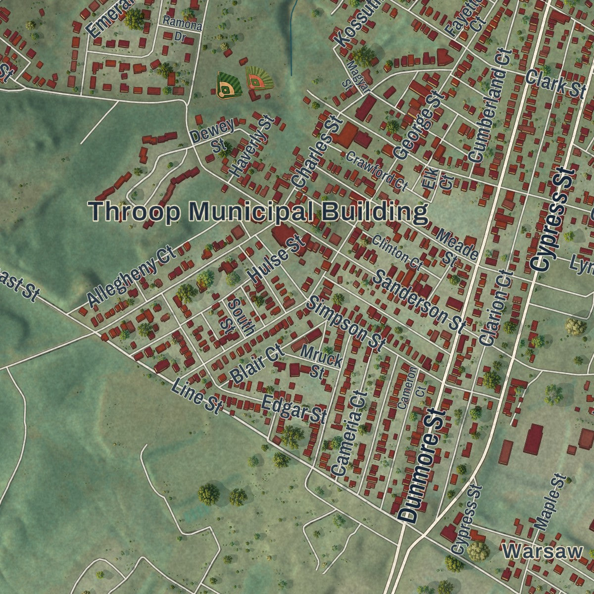 Close-up of the map of Throop, Pennsylvania print showing street and building detail