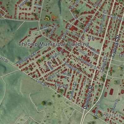 Close-up of the map of Throop, Pennsylvania print showing street and building detail