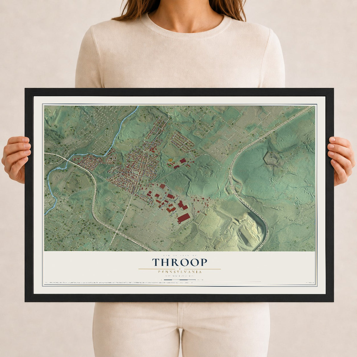 Map of Throop, Pennsylvania, 12 x 18 inch print in a black wood frame
