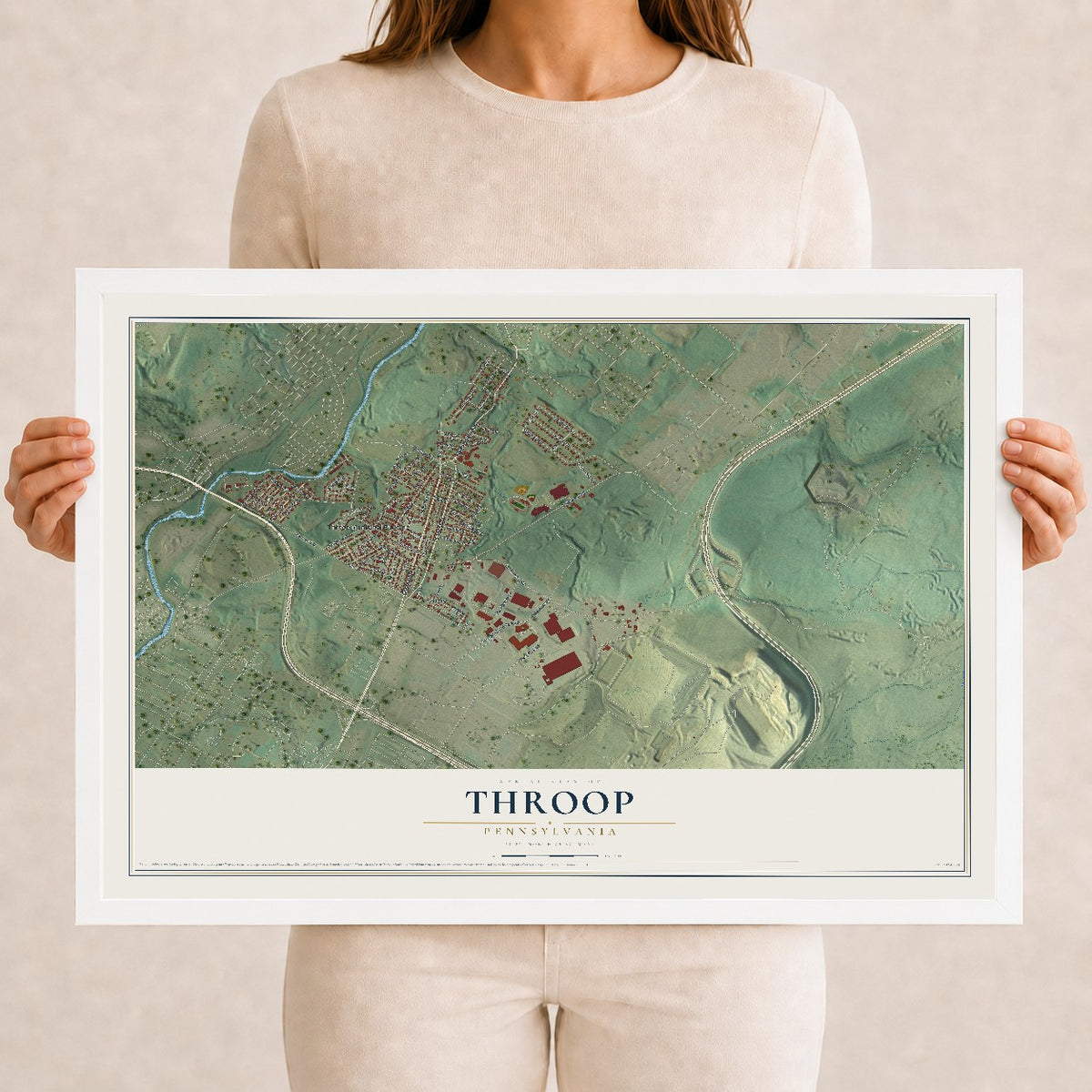 Map of Throop, Pennsylvania, 12 x 18 inch print in a white wood frame