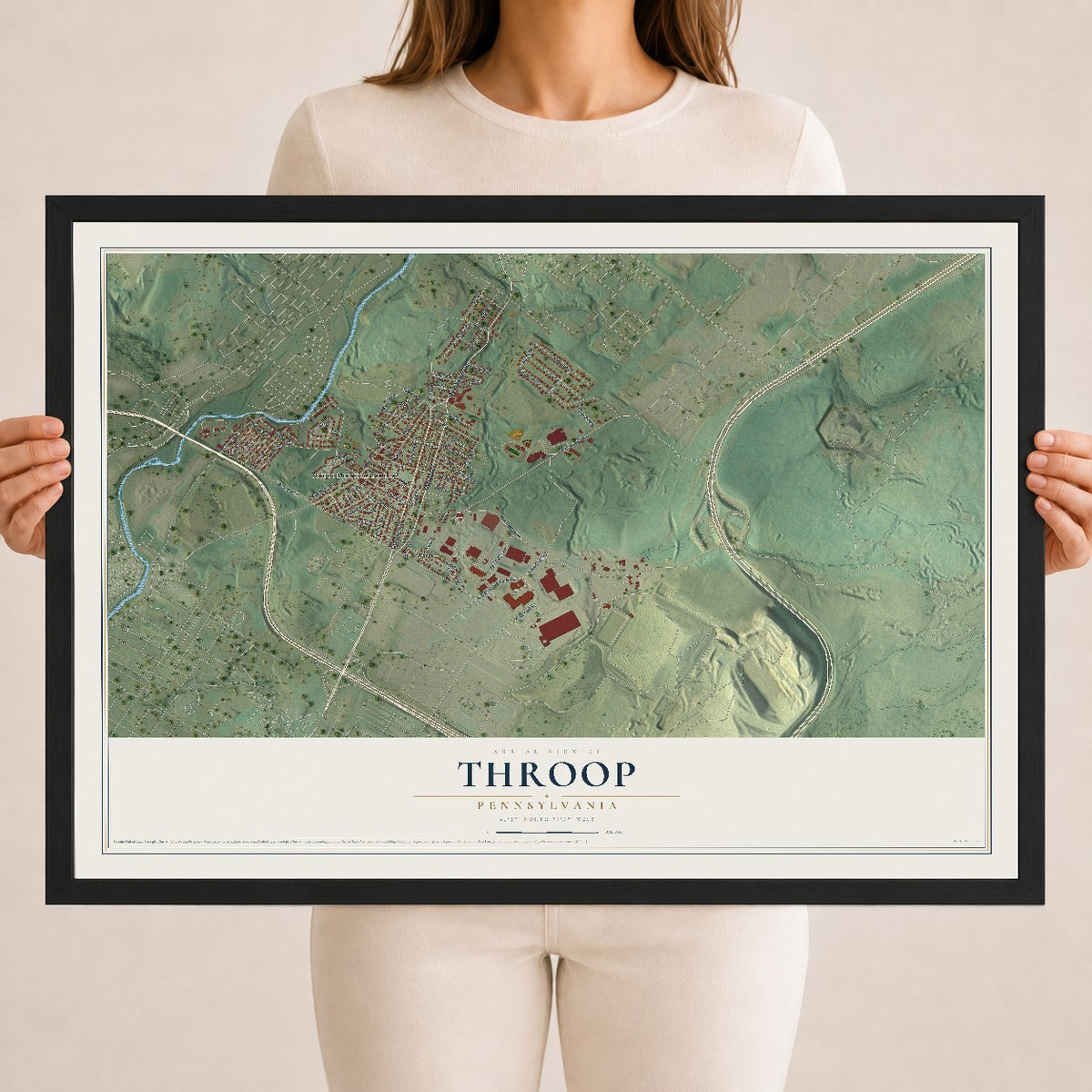Map of Throop, Pennsylvania, 18 x 24 inch print in a black wood frame