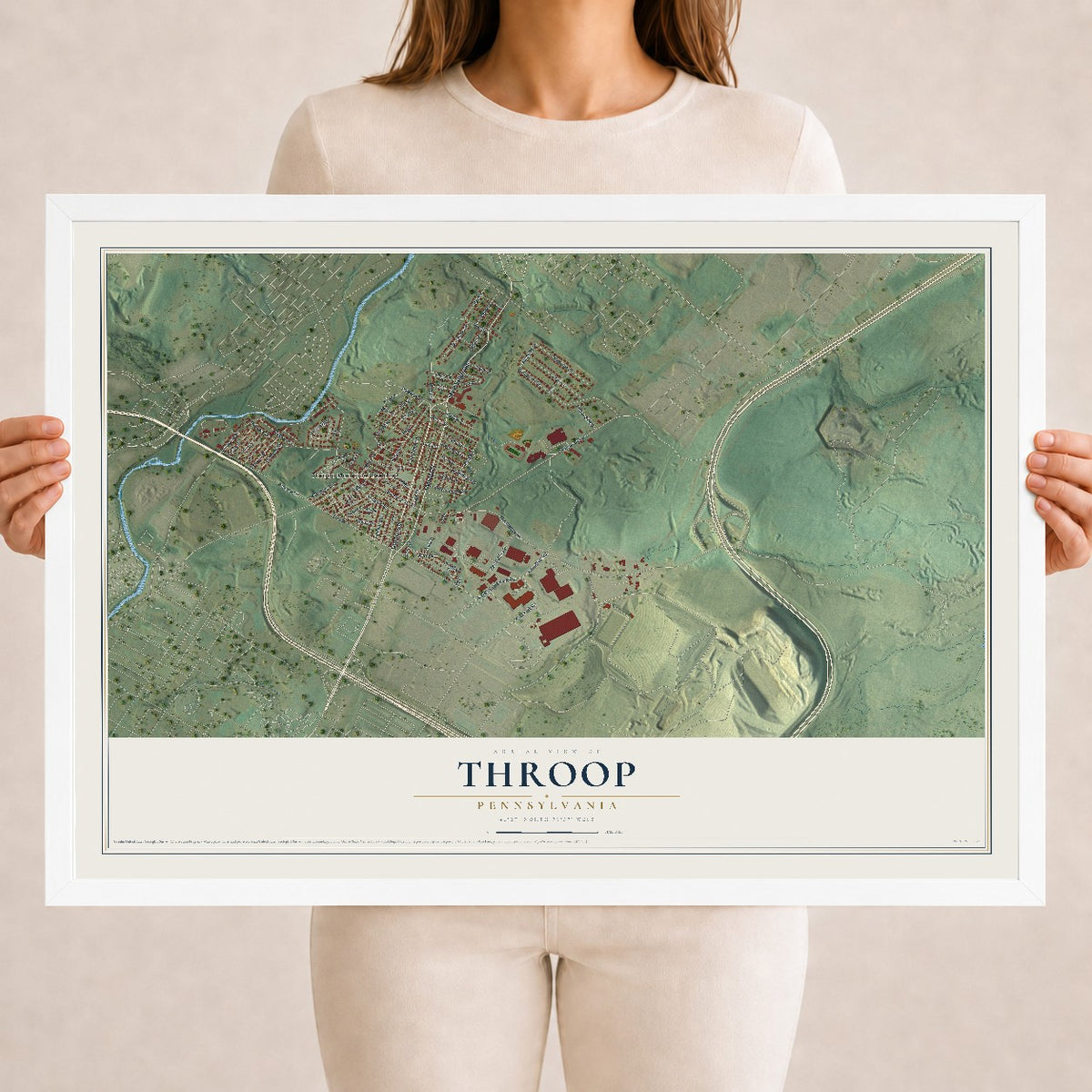Map of Throop, Pennsylvania, 18 x 24 inch print in a white wood frame