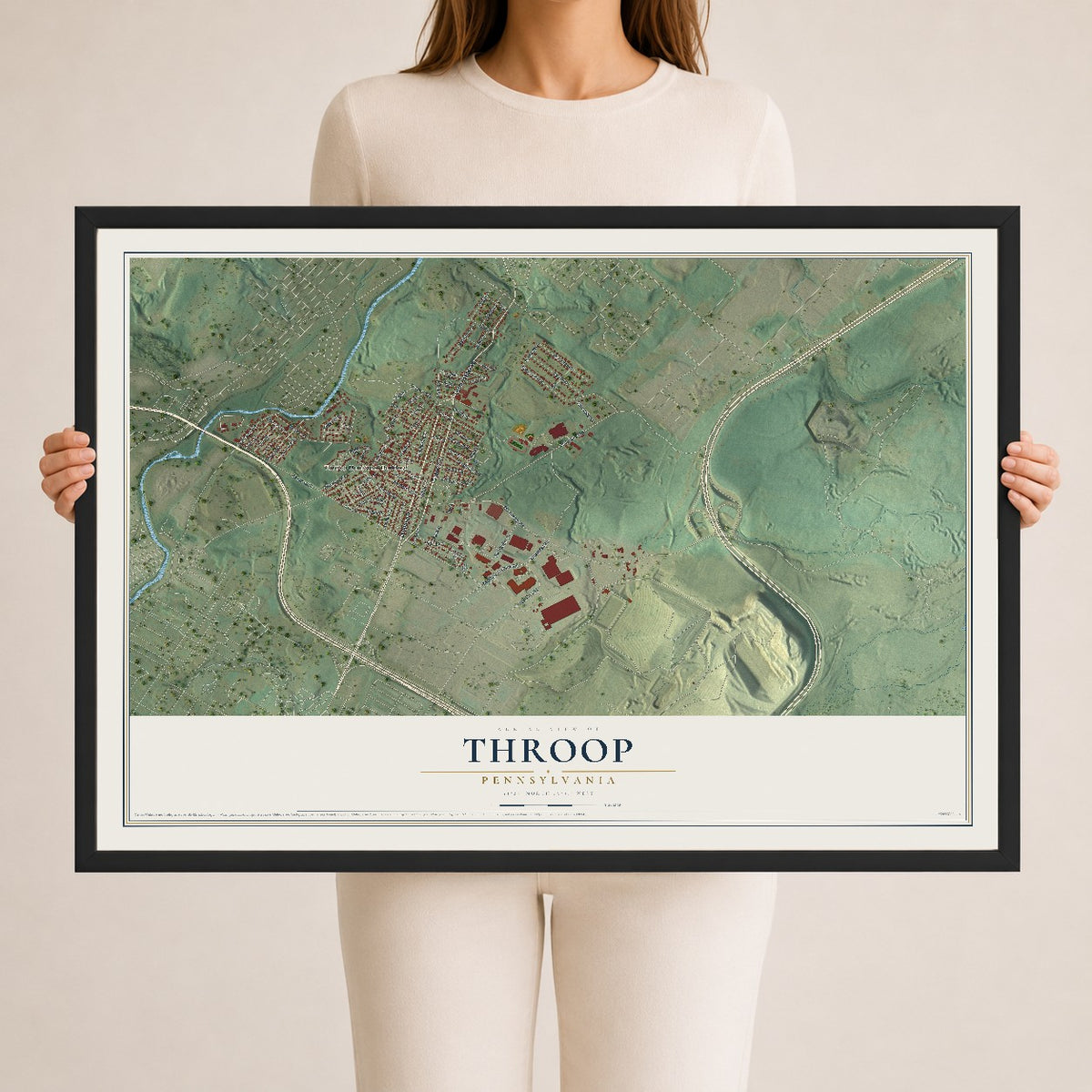 Map of Throop, Pennsylvania, 24 x 36 inch print in a black wood frame