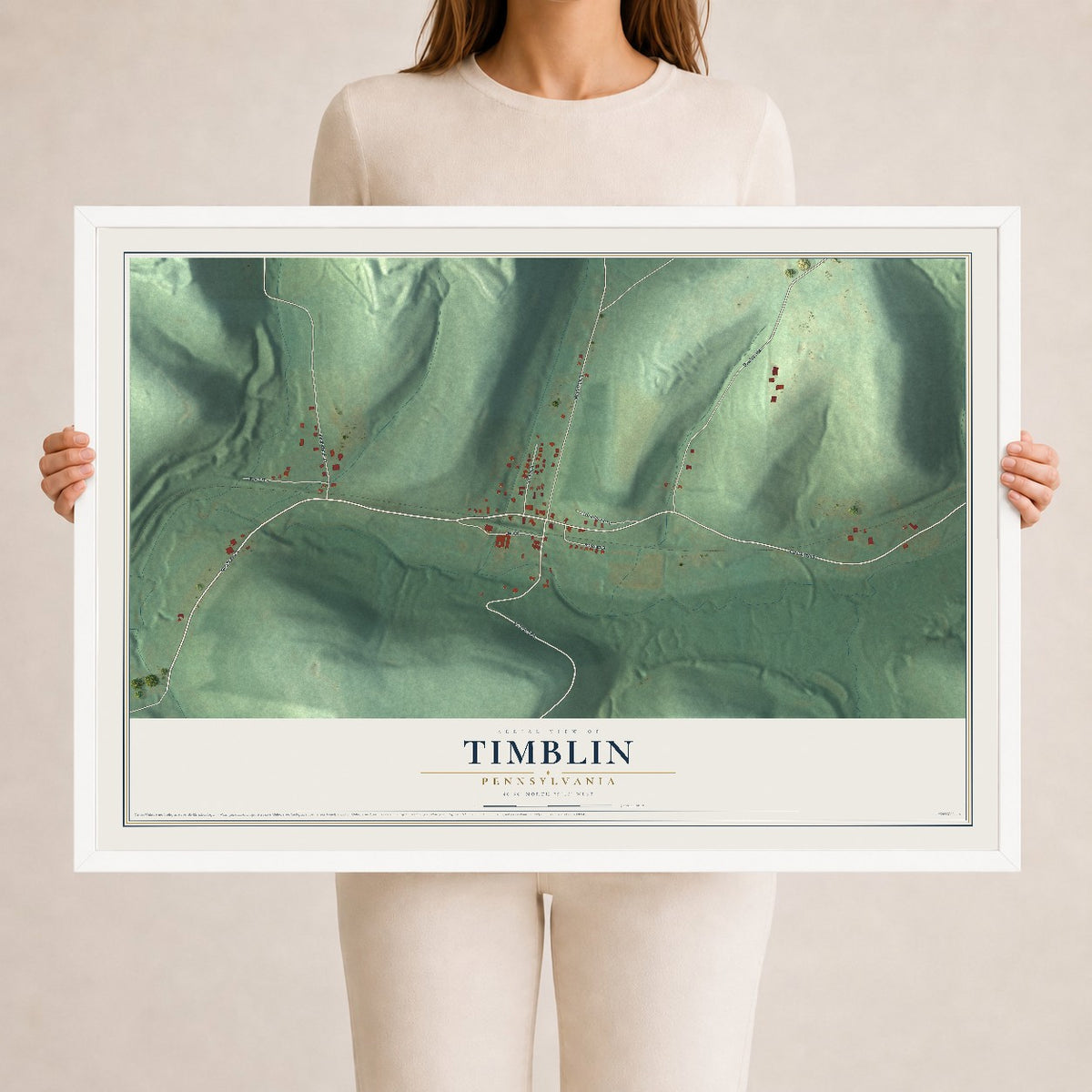 Map of Timblin, Pennsylvania, 24 x 36 inch print in a white wood frame