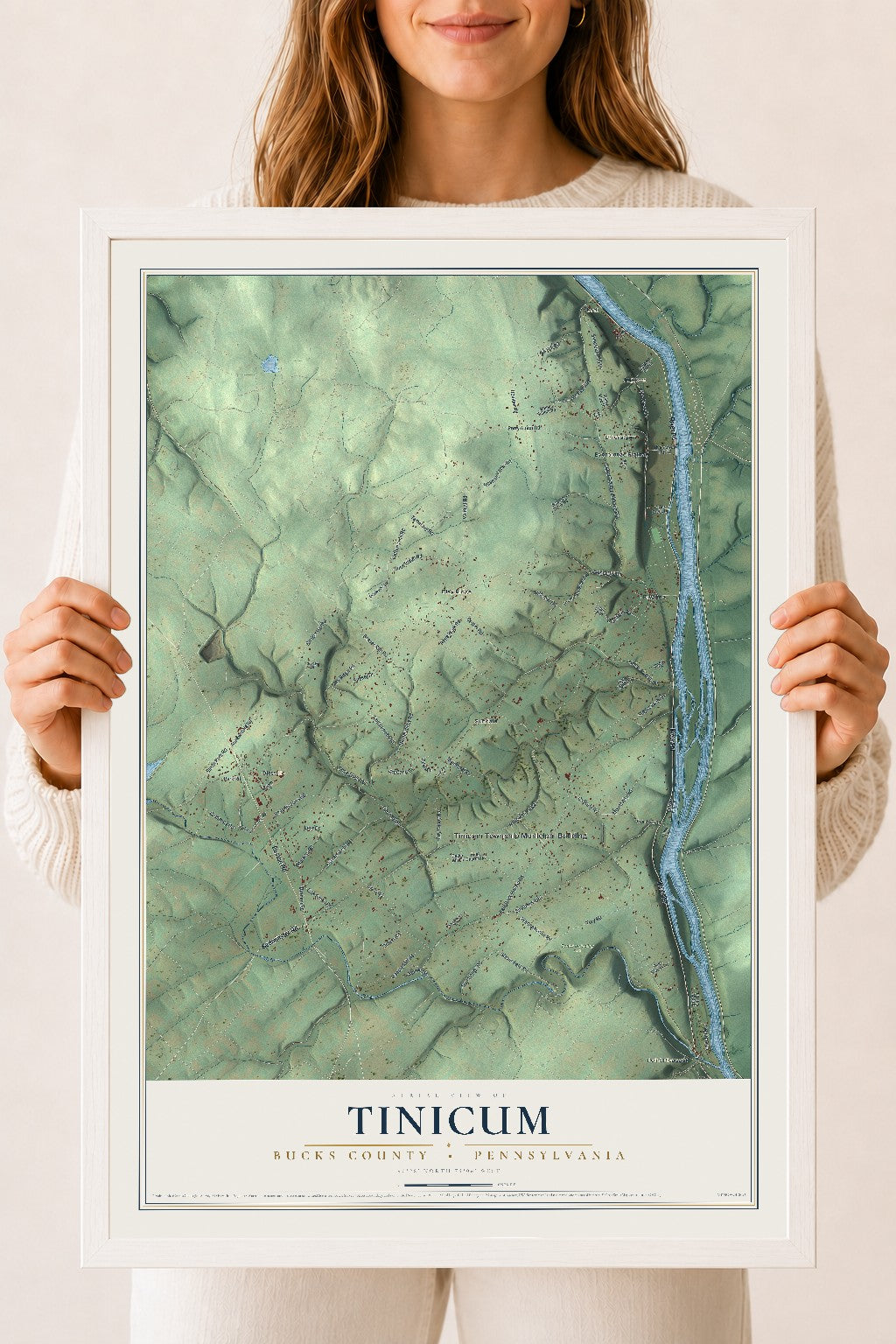 Map of Tinicum, Bucks County, Pennsylvania, 18 x 24 inch print in a white wood frame