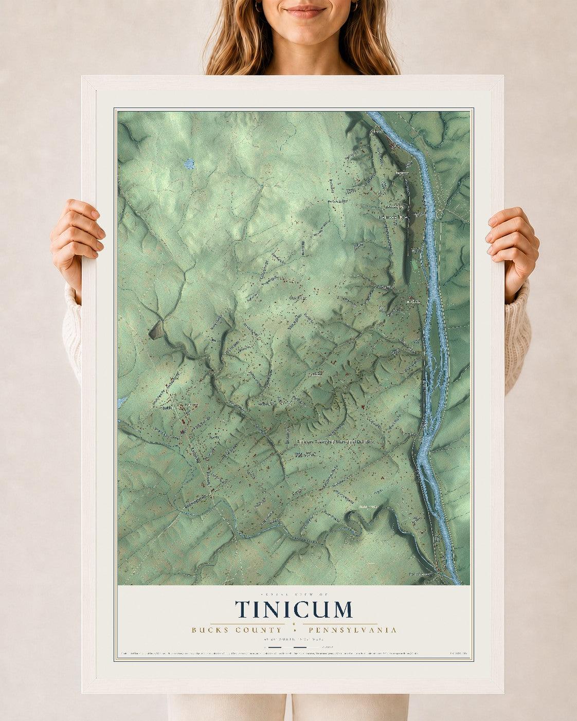 Map of Tinicum, Bucks County, Pennsylvania, 24 x 36 inch print in a white wood frame