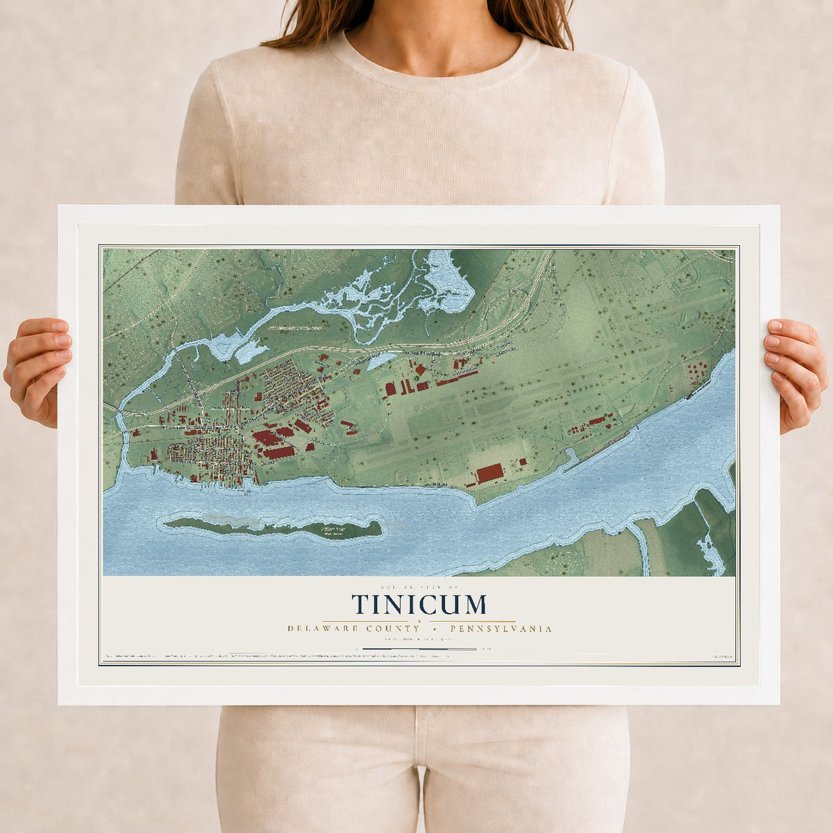 Map of Tinicum, Delaware County, Pennsylvania, 12 x 18 inch print in a white wood frame