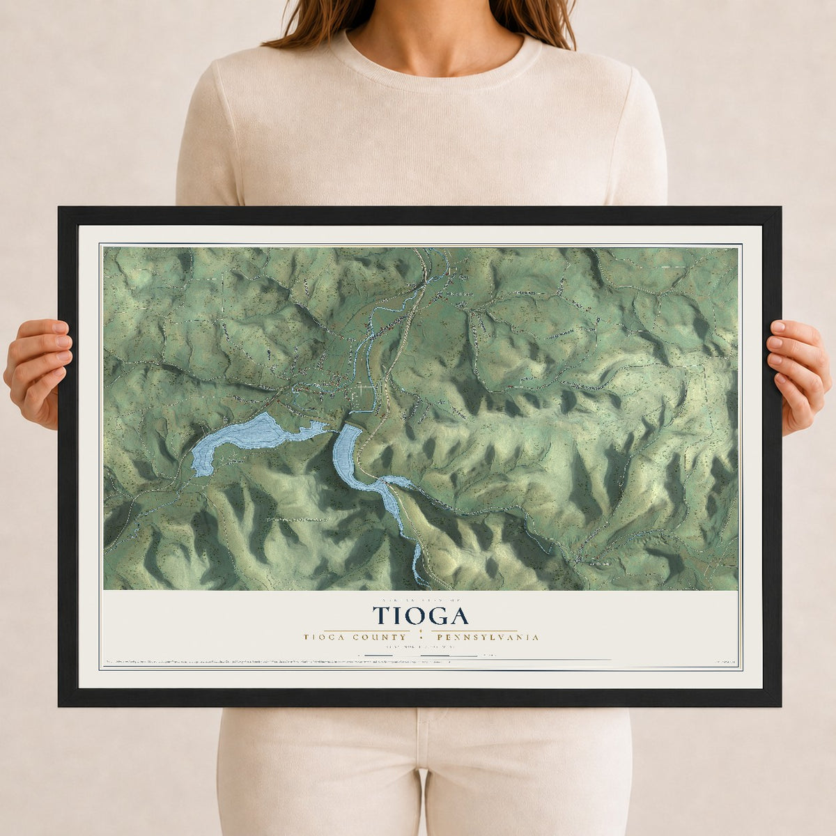 Map of Tioga, Tioga County, Pennsylvania, 12 x 18 inch print in a black wood frame