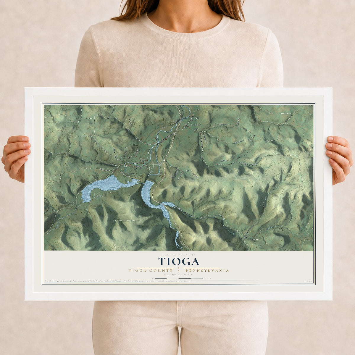 Map of Tioga, Tioga County, Pennsylvania, 12 x 18 inch print in a white wood frame