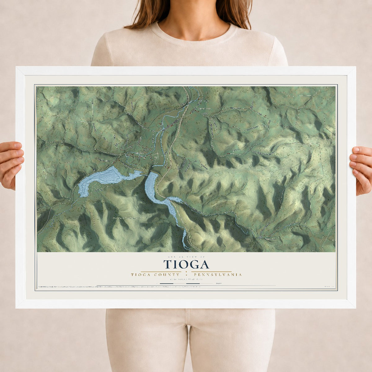 Map of Tioga, Tioga County, Pennsylvania, 18 x 24 inch print in a white wood frame