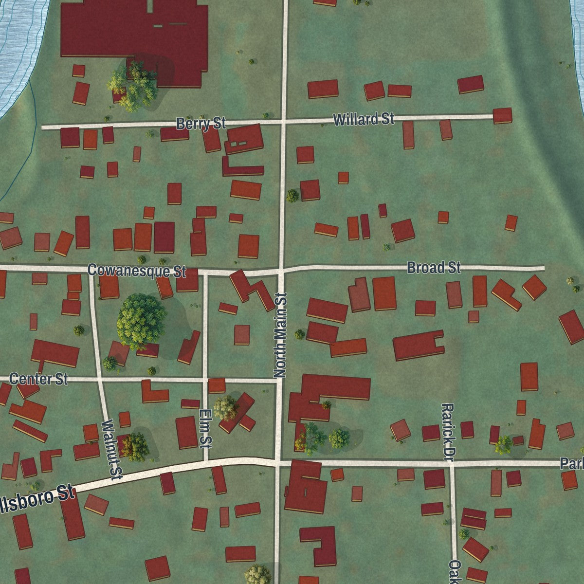 Second close-up of the map of the Borough of Tioga, Tioga County, Pennsylvania print showing more streets and buildings