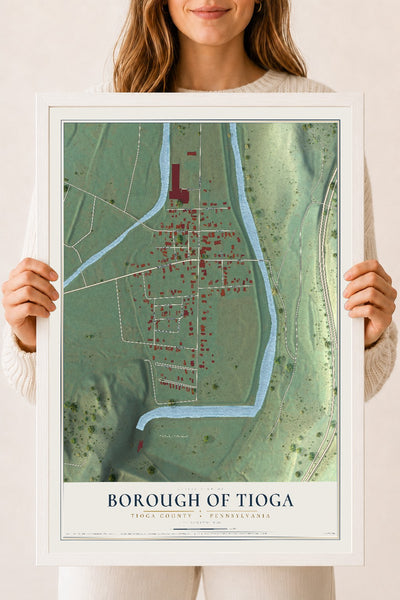 Map of the Borough of Tioga, Tioga County, Pennsylvania, 18 x 24 inch print in a white wood frame