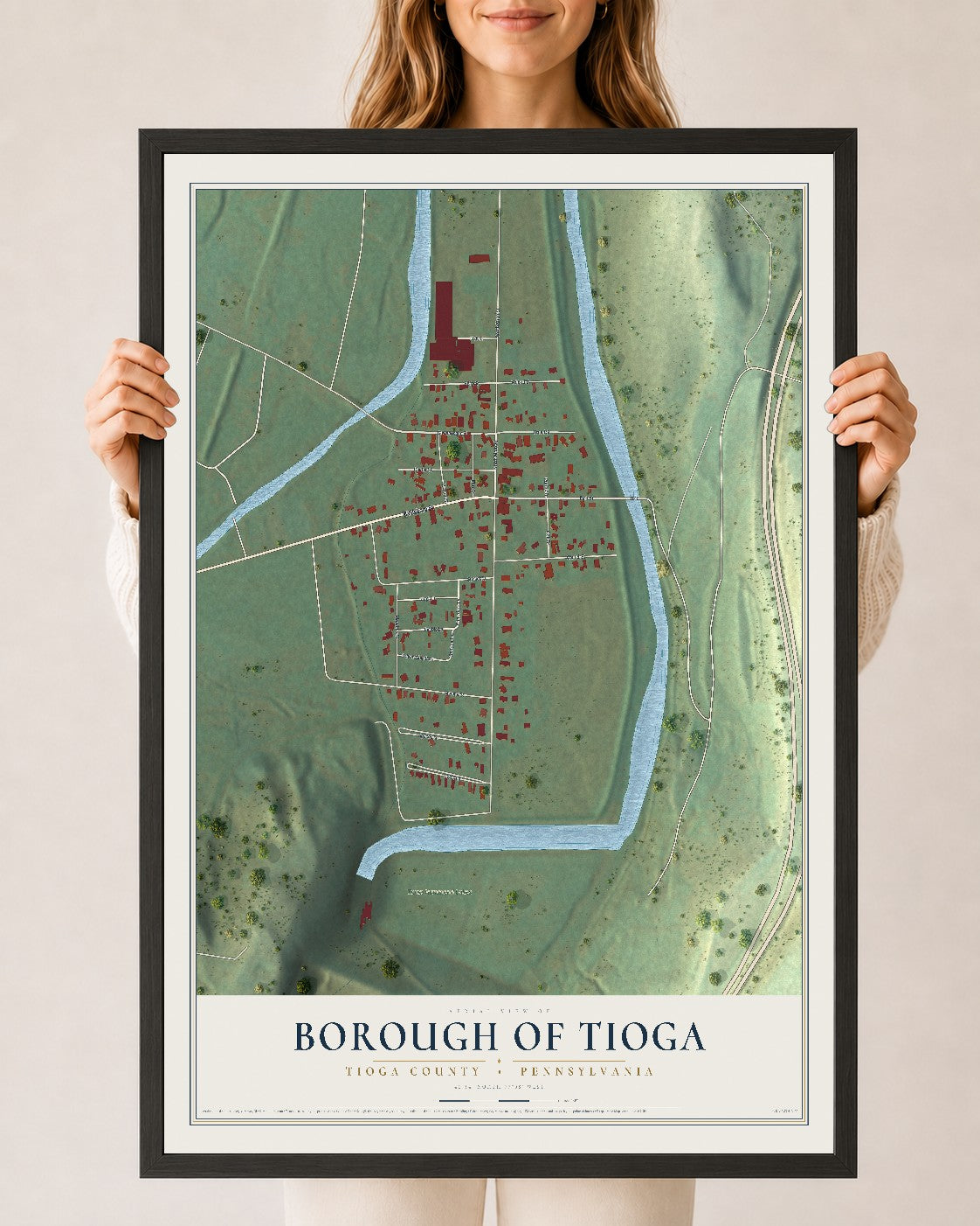 Map of the Borough of Tioga, Tioga County, Pennsylvania, 24 x 36 inch print in a black wood frame