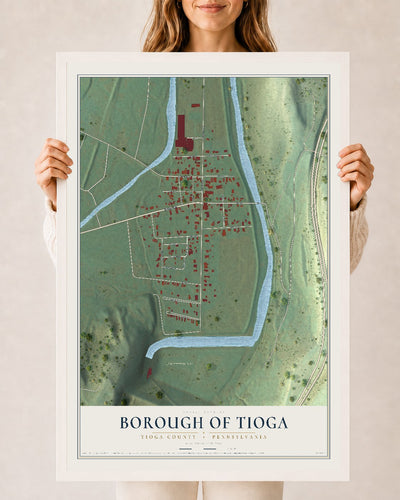 Map of the Borough of Tioga, Tioga County, Pennsylvania, 24 x 36 inch print in a white wood frame