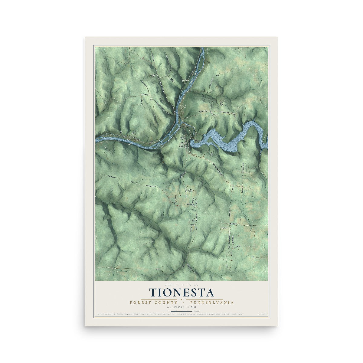 Map of Tionesta, Forest County, Pennsylvania, 12 x 18 inch unframed archival matte print