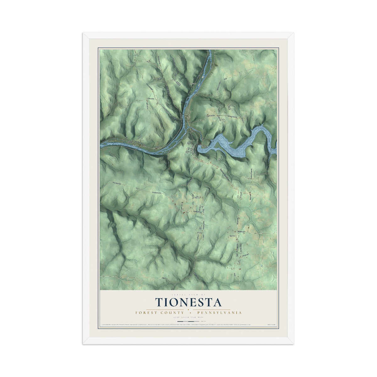 Map of Tionesta, Forest County, Pennsylvania, 12 x 18 inch print in a white wood frame