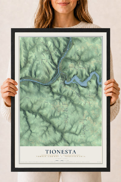 Map of Tionesta, Forest County, Pennsylvania, 18 x 24 inch print in a black wood frame