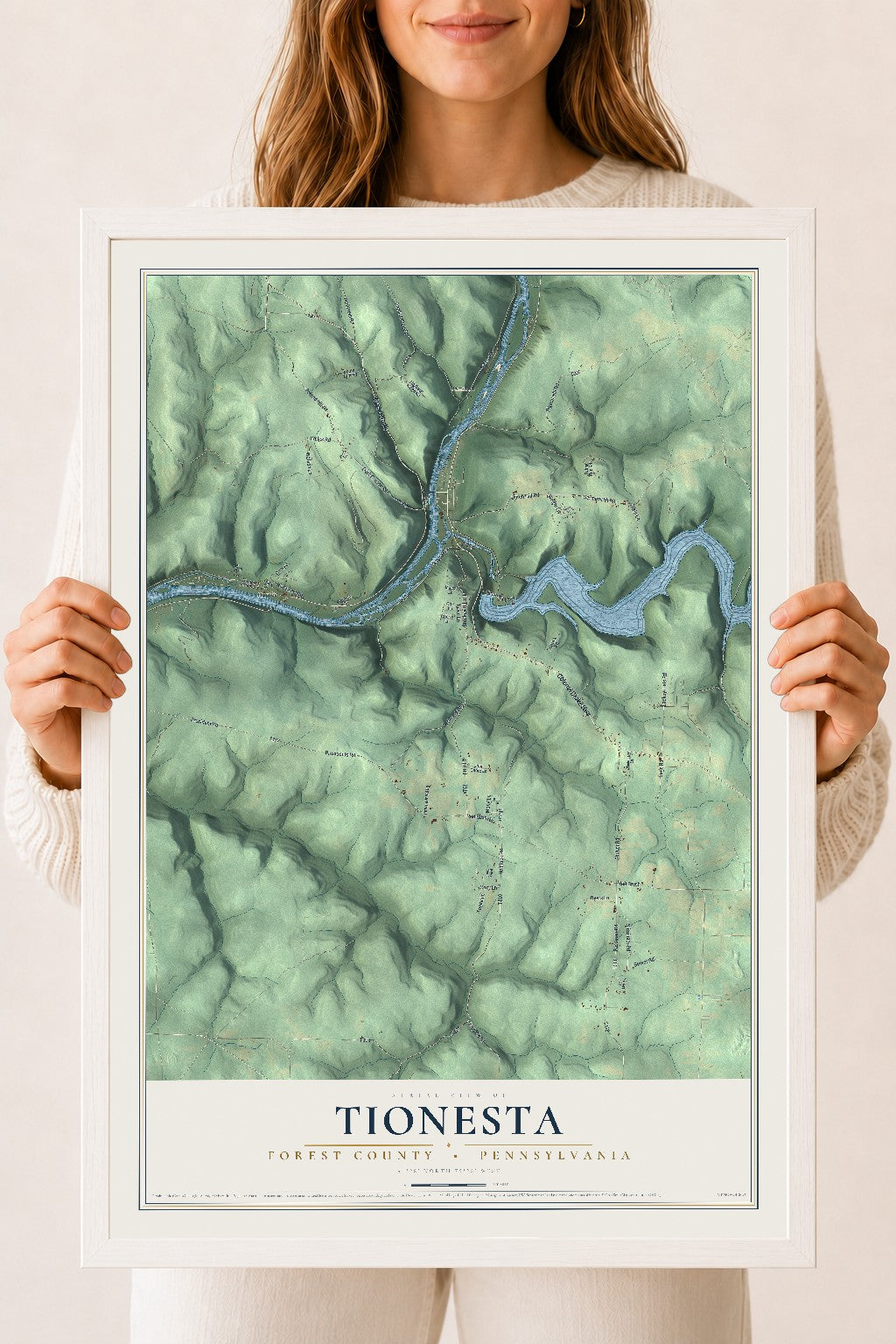 Map of Tionesta, Forest County, Pennsylvania, 18 x 24 inch print in a white wood frame