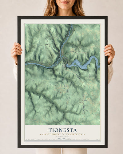 Map of Tionesta, Forest County, Pennsylvania, 24 x 36 inch print in a black wood frame